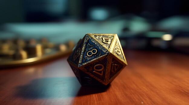A tabletop die lit like a tavern table